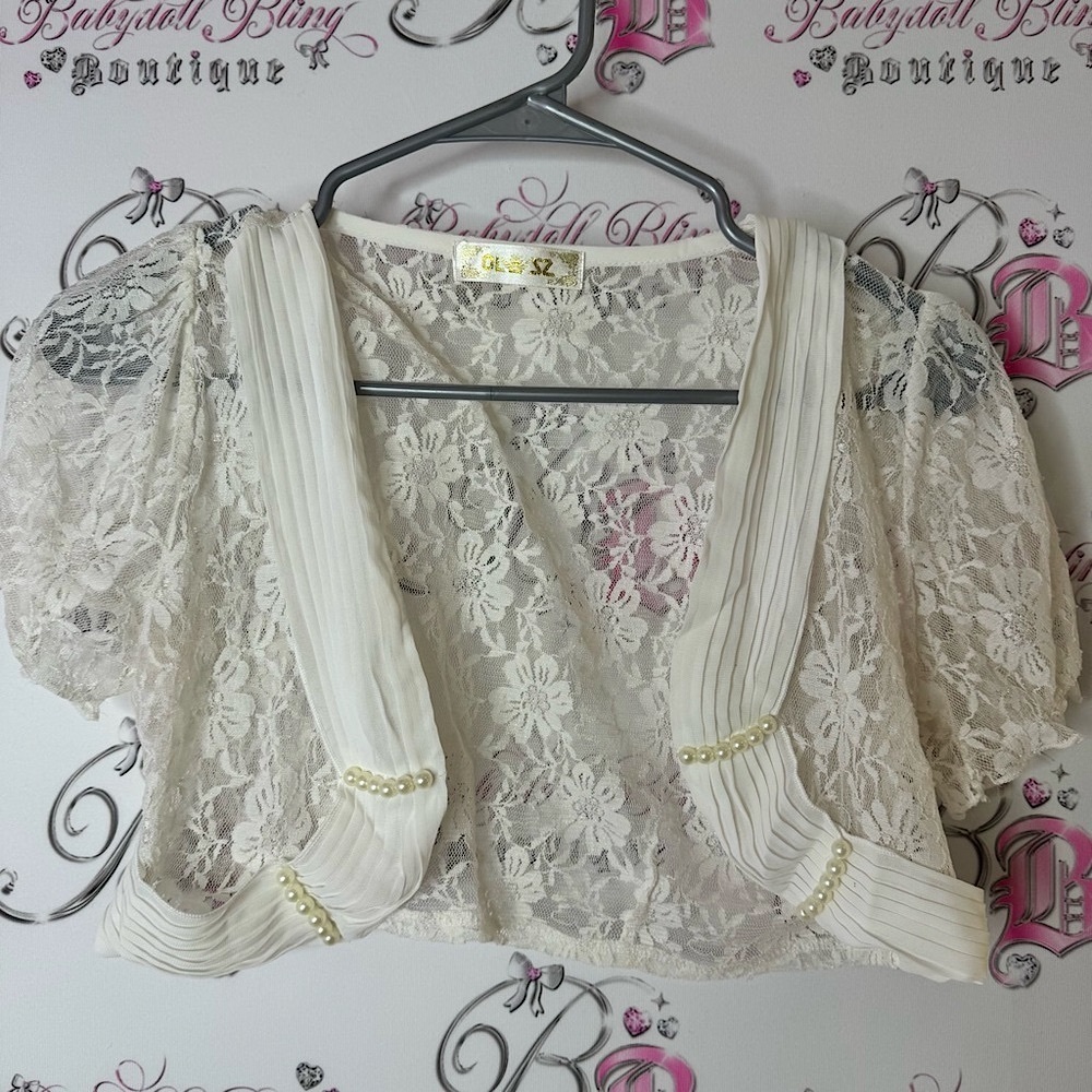 Shrug pearls white cream Lacie mini top Chic Lace Blouse with Pearl Accents